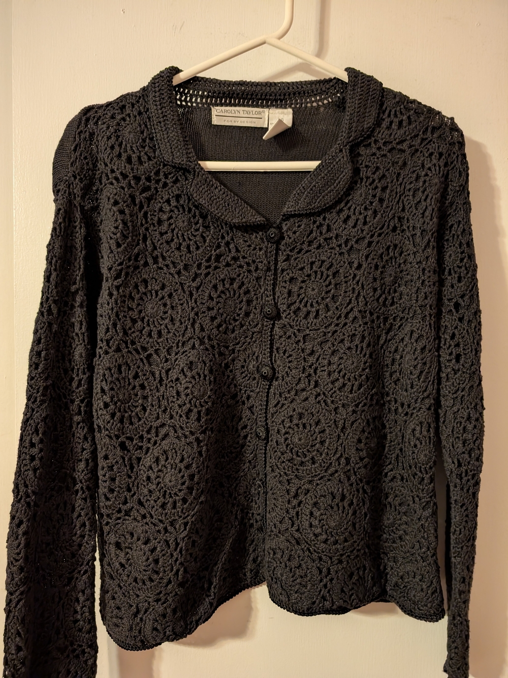 Carolyn Taylor Black Crochet Button-Front Cardigan